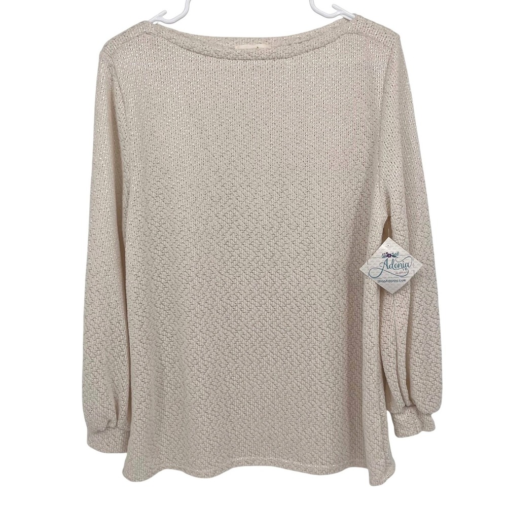 NWT Perfect Peach Women's Sweater Top  Medium Ivory Sparkle Textured Puff Sleeve